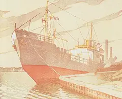 Empty Tanker Loading at Whitby #3 by Sylvia Hahn, 1952, colour lino block on paper, sold May 1998