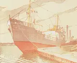 Sylvia Hahn, Empty Tanker Loading at Whitby #3, 1952, colour lino block on paper