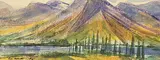 Untitled - Mountain View with River by Robert Newton Hurley, 1967, watercolour on paper board, sold May 1998