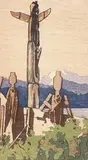Walter J. Phillips, Totems, Alert Bay, 1936, colour wood block on paper