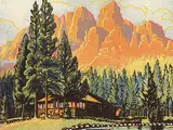 Margaret Shelton, Castle Mountain, 1944, lino block in five colours on paper