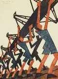 Sybil Andrews, Bringing in the Boat #47/60, 1933, lino block in four colours on paper