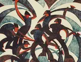 Sybil Andrews, Sledgehammers #42/60, 1933, lino block in three colours on paper