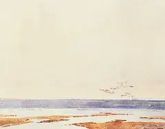 Frederick George Cross, Wild Geese [over Lake Newell], 1935, watercolour on paper