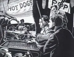 Company Picnic #34/50 by Leonard Hutchinson, wood block on paper, sold Nov 1997
