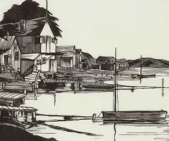 Fishing Village #25/50 by Leonard Hutchinson, wood block on paper, sold Nov 1997
