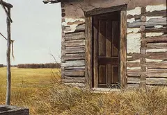 Isabel Levesque, Untitled - Old Log Building, acrylic on masonite