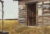 Isabel Levesque, Untitled - Old Log Building, acrylic on masonite