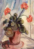 Henrietta Mabel May, Geraniums on a Window Sill, oil on paper board