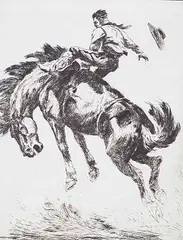 Bareback Bronk by Olaf Wieghorst, etching on paper, sold Nov 1997