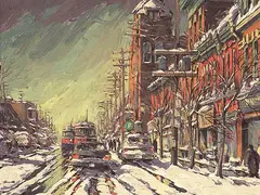 Queen St. E. near Broadview Avenue Toronto by Arto Yuzbasiyan, 1997, oil on panel, sold Nov 1997
