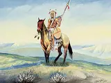 Frank Chief Calf, Untitled - Warrior on Horseback, 1970, acrylic on canvas board