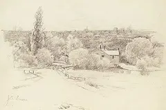 John Sloan Gordon, Untitled - Pastoral Landscape with Road and House, pencil on paper