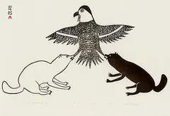 Peter Pitseolak, Owl Attacked by Dogs #32/50, 1972, stencil print on paper