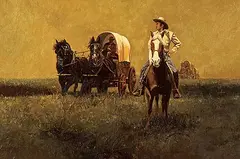 William McKibbin, Untitled - Wagon Train with Outrider, oil on canvas board
