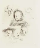Harmensz Van Ryn Rembrandt, Studies of the Heads of Saskia and Others, 1636, etching on paper