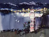 Vern Tremewen, B.C. Cityscape with Totem Pole, 1965, watercolour on paper