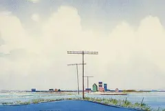 Untitled - Prairie Winter with Telephone Poles by Robert Newton Hurley, 1964, watercolour on paper board, sold May 1997