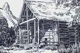 Cabin at Athabasca Falls #25/100 by Margaret Shelton, 1971, lino block on paper, sold May 1997