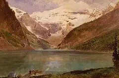Untitled - Lake Louise with Canoeists by Frederic Marlett Bell-Smith, watercolour on paper, sold Nov 1996