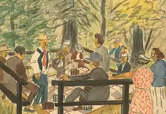Stanley Ernest Brunst, Checker Players in Stanley Park, 1948, watercolour on paper