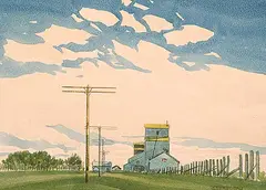 Untitled - Prairie Elevator in Spring by Robert Newton Hurley, 1950, watercolour on paper board, sold Nov 1996