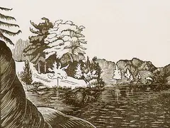 A Quiet Corner of the Lake #5/100 by William Frederick George Godfrey, wood block on paper, sold Nov 1996