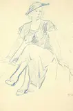Thomas Garland Greene, Untitled - Seated Woman with Hat, blue pencil on paper