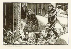 Lucille Oille, Bringing in the Milk, 1947, wood block on paper