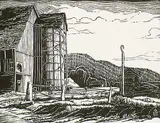 Margaret Shelton, Barn on Nicomen Island, B.C. #25/50, 1943, lino block on paper