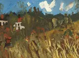 Maxwell Bennett Bates, Landscape with Houses, 1976, oil on canvas board