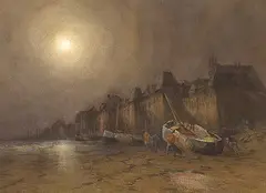 Untitled - Harbour in the Moonlight by Georges Chavignaud, watercolour and pastel on paper board, sold Apr 1996