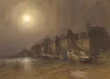 Georges Chavignaud, Untitled - Harbour in the Moonlight, watercolour and pastel on paper board