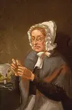 Robert Harris, Mrs. Harris Threading Her Needle, oil on paper board