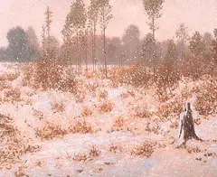 Early Snowfall by Frank Johnston, oil on paper board, sold Apr 1996