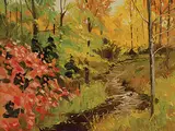 Ron Jamieson, Autumn Stream, Franklin Centre, Que., 1981, oil on wood board