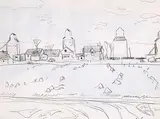 Illingworth Kerr, Untitled - Sketch of Prairie Town, Punnichy, pencil on paper