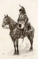 Un Brigadier de Cuirassiers by Charles Louis Kratké, etching on vellum, sold Apr 1996