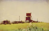 Grain Elevators at La Salle, Manitoba by Walter J. Phillips, 1931, colour wood block on paper, sold Apr 1996