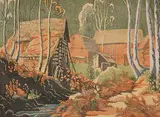 Margaret Shelton, Homestead at Revelstoke, 1942, lino block in eight colours on paper