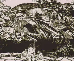 Frederick Varley, Untitled - Campfire by a River, etching on paper