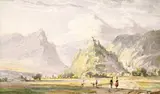 Georgius Jacobus J. van Os, Untitled - Two Figures on a Road Leading to Castle in Distance, 1847, watercolour on paper