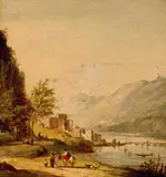 Pieter Frederick van Os, Untitled - Figures on a Road Leading to River Town, 1874, watercolour on paper