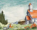 Margaret Shelton, Saint Peters, Windermere #158/200, 1977, lino block in eight colours on paper