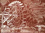 Margaret Shelton, Manchel's Waterwheel, Rosedale, 1941, lino block on paper