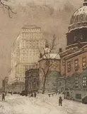 Nicholas Hornyansky, St. James Cathedral & Sun Life Building [Montreal], colour etching on paper