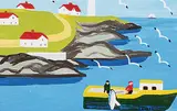 Maud Lewis, Untitled - Bringing in the Catch, with Lighthouse and Seagulls in Background, oil on paper board
