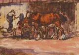 Manly MacDonald, Horses Watering, hand coloured etching on paper