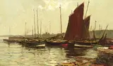 James Campbell Noble, Untitled - Ships at Harbour, oil on canvas laid down on wood board