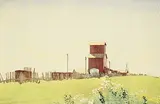 Walter J. Phillips, Grain Elevators at La Salle, Manitoba #166, 1931, colour wood block on paper